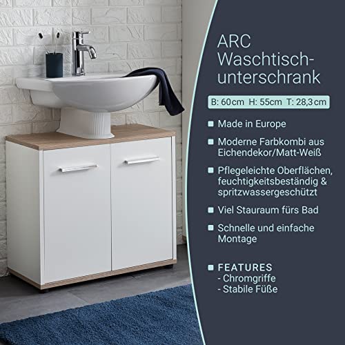 BadeDu-ARC-Waschbeckenunterschrank-mit-verchromten-Griffen--Unterschrank-fuer-das-Badezimmer-60-cm-x-55-cm-x-283-cm--Badunterschrank-stehend-aus-Holz-in-Weiss-und-Eiche-0-0