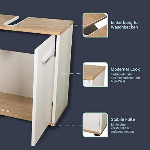 BadeDu-ARC-Waschbeckenunterschrank-mit-verchromten-Griffen--Unterschrank-fuer-das-Badezimmer-60-cm-x-55-cm-x-283-cm--Badunterschrank-stehend-aus-Holz-in-Weiss-und-Eiche-0-2