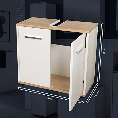 BadeDu-ARC-Waschbeckenunterschrank-mit-verchromten-Griffen--Unterschrank-fuer-das-Badezimmer-60-cm-x-55-cm-x-283-cm--Badunterschrank-stehend-aus-Holz-in-Weiss-und-Eiche-0-3
