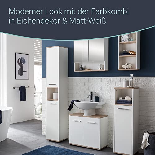 BadeDu-ARC-Waschbeckenunterschrank-mit-verchromten-Griffen--Unterschrank-fuer-das-Badezimmer-60-cm-x-55-cm-x-283-cm--Badunterschrank-stehend-aus-Holz-in-Weiss-und-Eiche-0-5