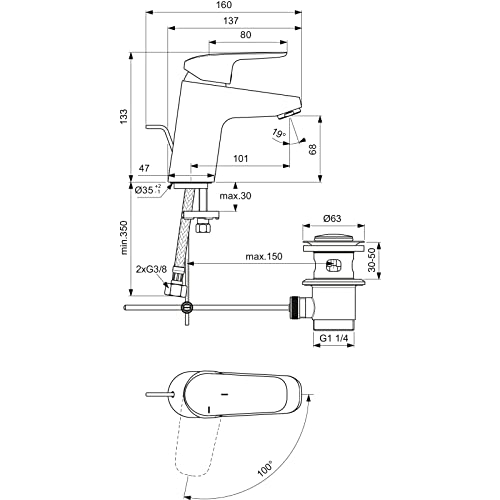 Ideal-Standard-B1711AA-Waschtischarmatur-Ceraflex-Metall-Zugknopf-Ablaufgarnitur-G1--Bluestart-Funktion-Ausladung-101-mm-Auslaufhoehe-68-mm-chrom-0-5
