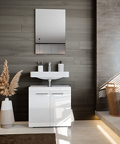 Newroom-Waschbeckenunterschrank-Weiss-Hochglanz-mit-viel-Stauraum-60x56x34-cm-BxHxT-Badezimmer-Unterschrank-Badezimmerschrank-Badezimmermoebel-Badunterschrank-TrinitySeven-0-1