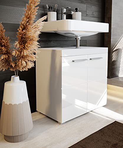 Newroom-Waschbeckenunterschrank-Weiss-Hochglanz-mit-viel-Stauraum-60x56x34-cm-BxHxT-Badezimmer-Unterschrank-Badezimmerschrank-Badezimmermoebel-Badunterschrank-TrinitySeven-0-2