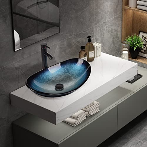 YU-YUSING-Aufsatzwaschbecken-Waschbecken-Glas-Waschtisch-Oval-Hand-Waschschale-mit-Wasserhahn-Set-Bad-Kueche-Gaeste-WC-Modern-Blau-0-3