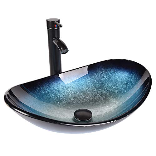 YU-YUSING-Aufsatzwaschbecken-Waschbecken-Glas-Waschtisch-Oval-Hand-Waschschale-mit-Wasserhahn-Set-Bad-Kueche-Gaeste-WC-Modern-Blau-0