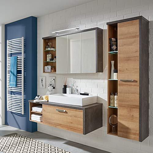 trendteam-Badezimmer-Waschbeckenunterschrank-Unterschrank-Bay-123-x-39-x-53-cm-in-Korpus-Beton-Stone-Dekor-Front-Eiche-Riviera-Honig-mit-Schubkasten-und-viel-Stauraum-0-1