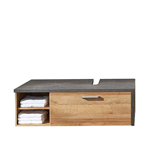 trendteam-Badezimmer-Waschbeckenunterschrank-Unterschrank-Bay-123-x-39-x-53-cm-in-Korpus-Beton-Stone-Dekor-Front-Eiche-Riviera-Honig-mit-Schubkasten-und-viel-Stauraum-0