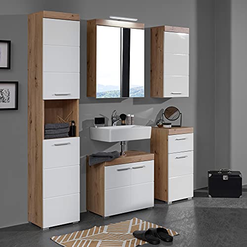 trendteam-smart-living-Badezimmer-Waschbeckenunterschrank-Unterschrank-Schrank-Amanda-60-x-56-x-34-cm-in-Asteiche-Weiss-Hochglanz-mit-viel-Stauraum-0-3